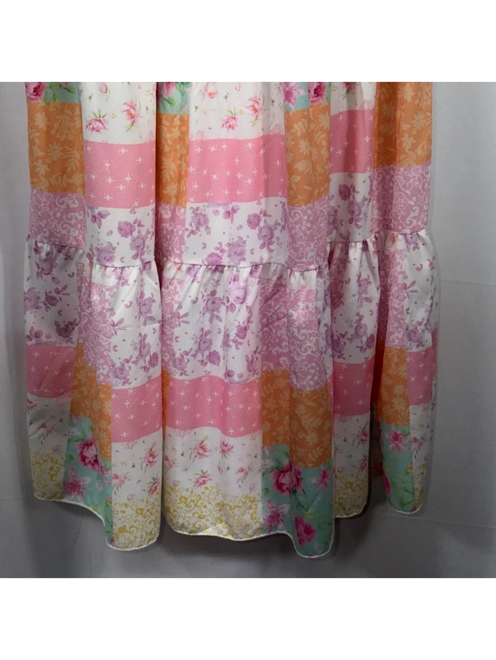 SHEIN Girls Size 11Y Patchwork Floral Tiered Maxi Dress Pink Bow Straps